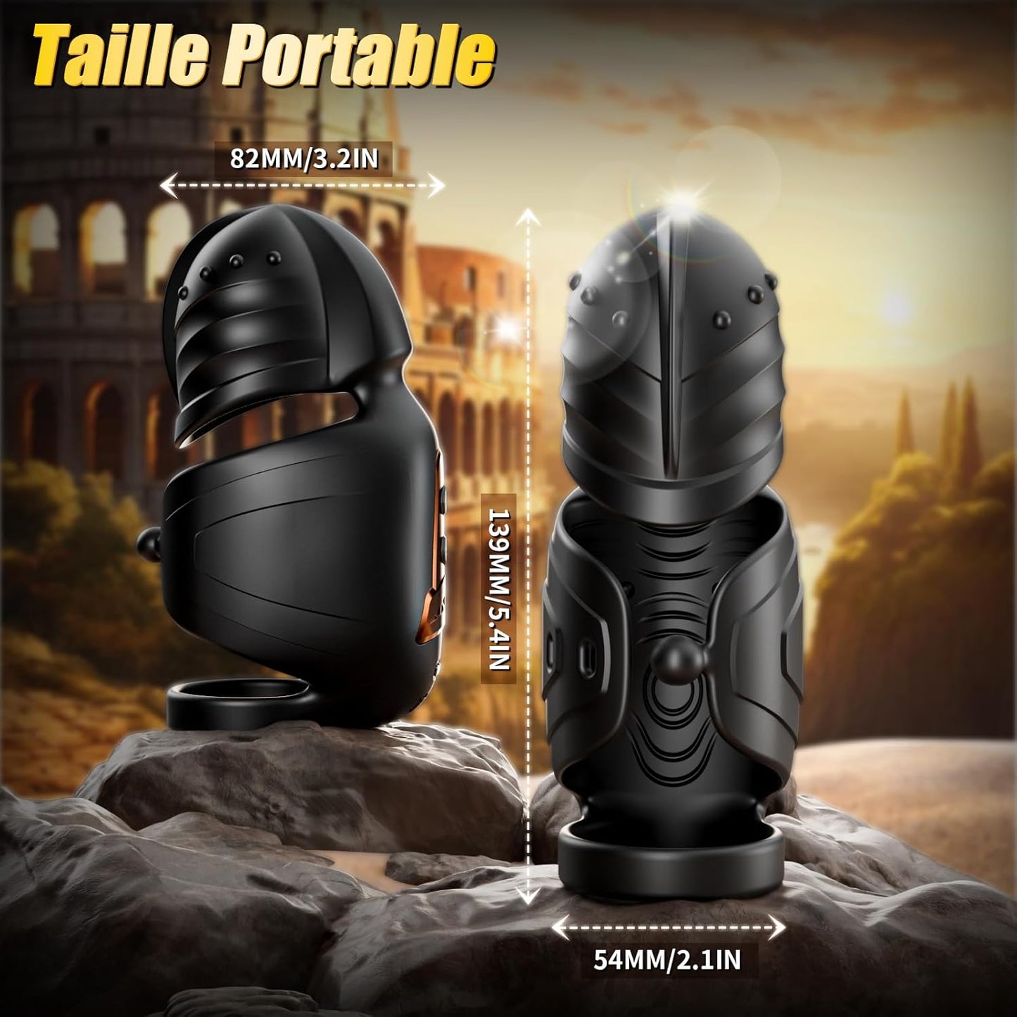 Dimensions du masturbateur homme tête pivotante 360° et anneau pénien vibrant – vue comparative avec règle pour visualiser la taille réelle
