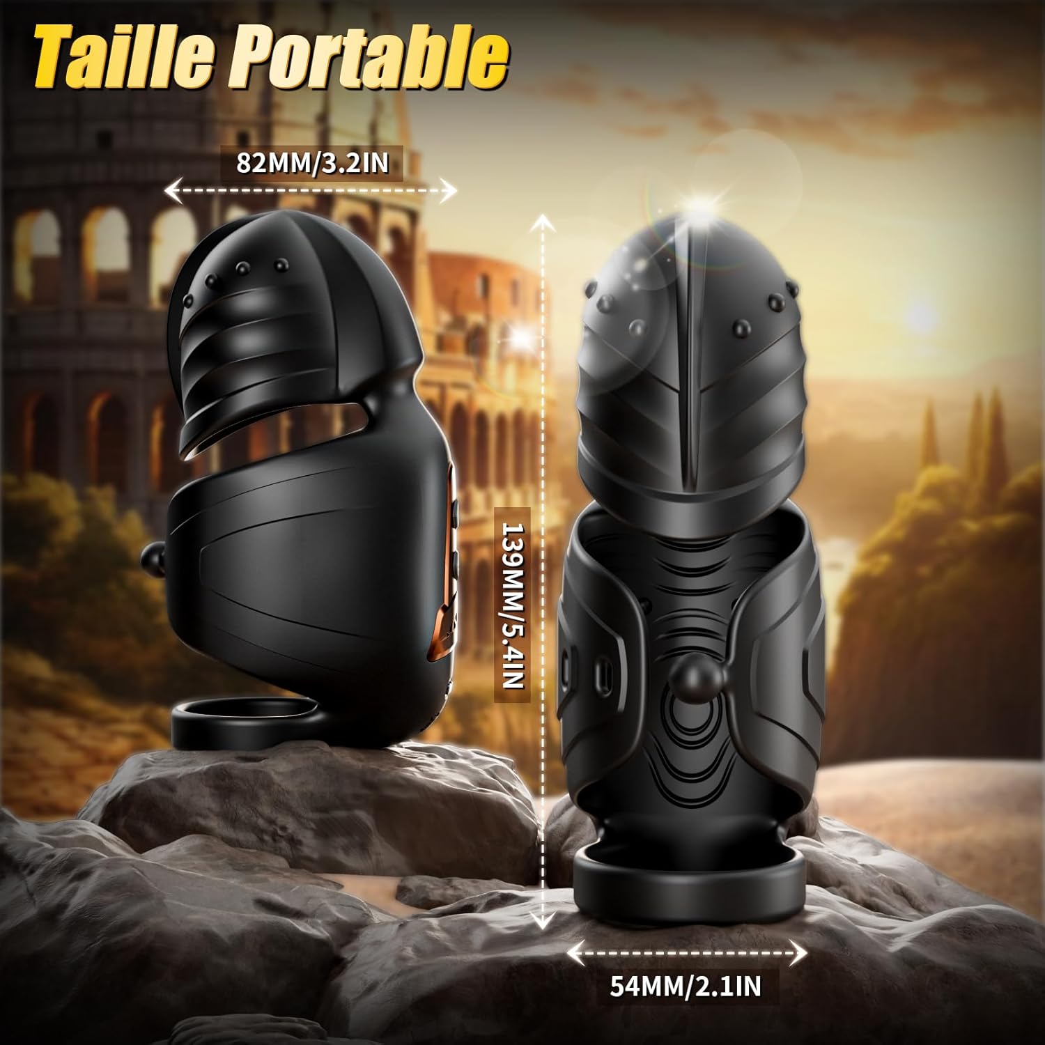 Dimensions du masturbateur homme tête pivotante 360° et anneau pénien vibrant – vue comparative avec règle pour visualiser la taille réelle