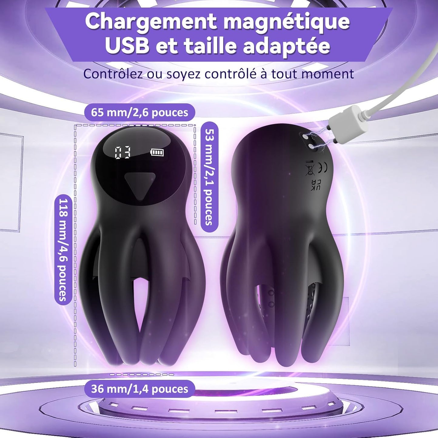 Dimensions de l'anneau vibrant pieuvre avec tentacules étirés et anneaux péniens inclus, vue comparative pour visualiser la taille adaptable à tous les gabarits