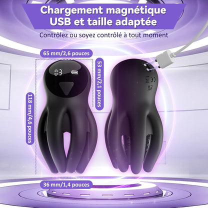 Dimensions de l'anneau vibrant pieuvre avec tentacules étirés et anneaux péniens inclus, vue comparative pour visualiser la taille adaptable à tous les gabarits