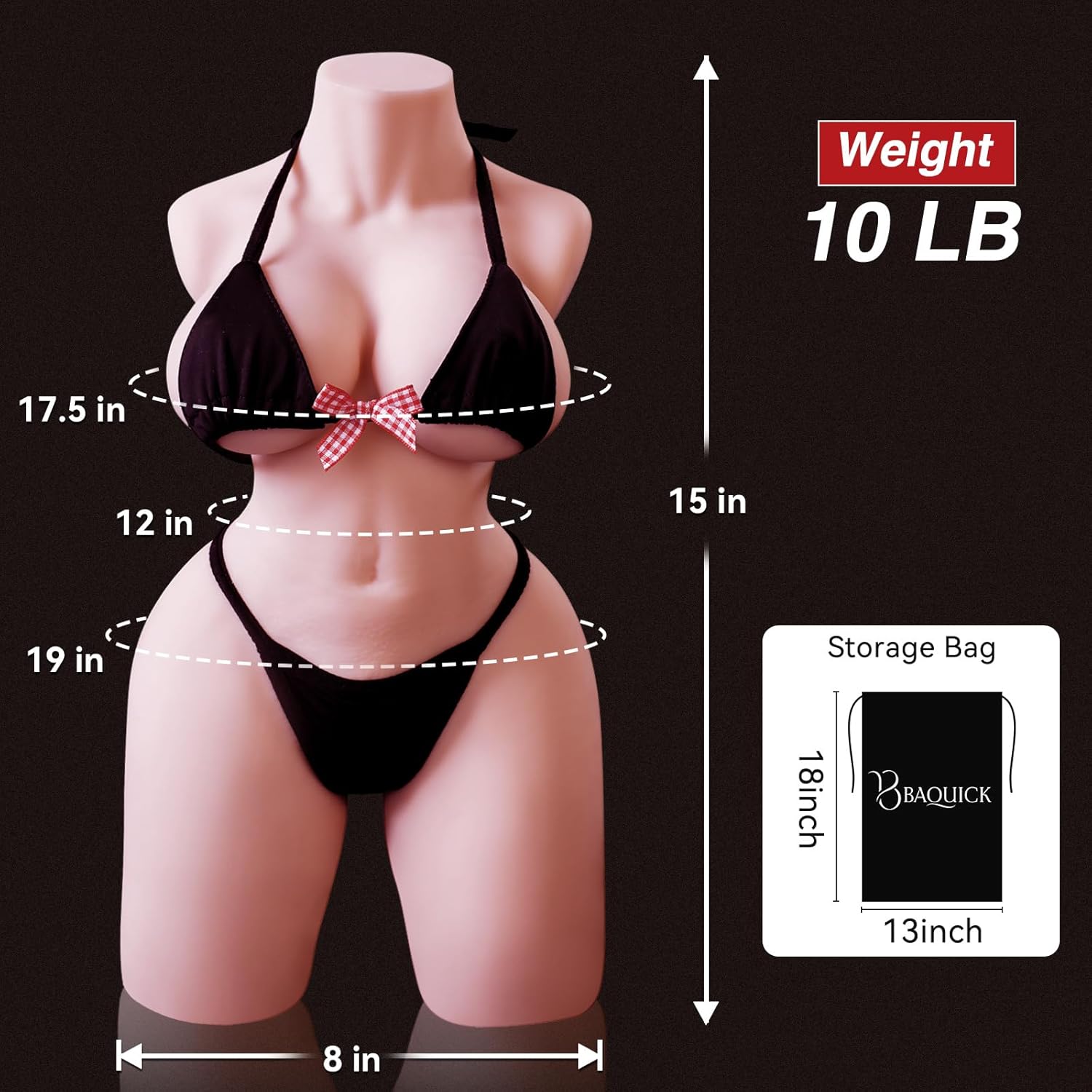 Photo des dimensions du masturbateur buste et fessier réaliste mini format 4,5 kg avec mesures visibles