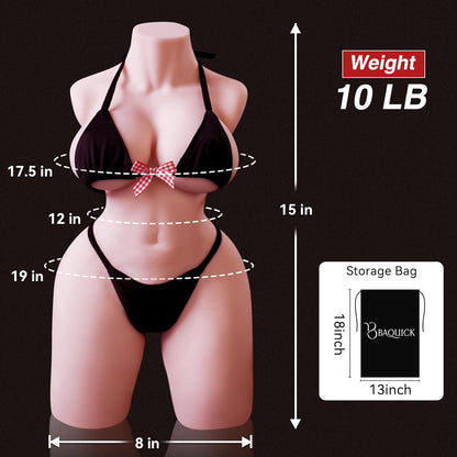 Photo des dimensions du masturbateur buste et fessier réaliste mini format 4,5 kg avec mesures visibles