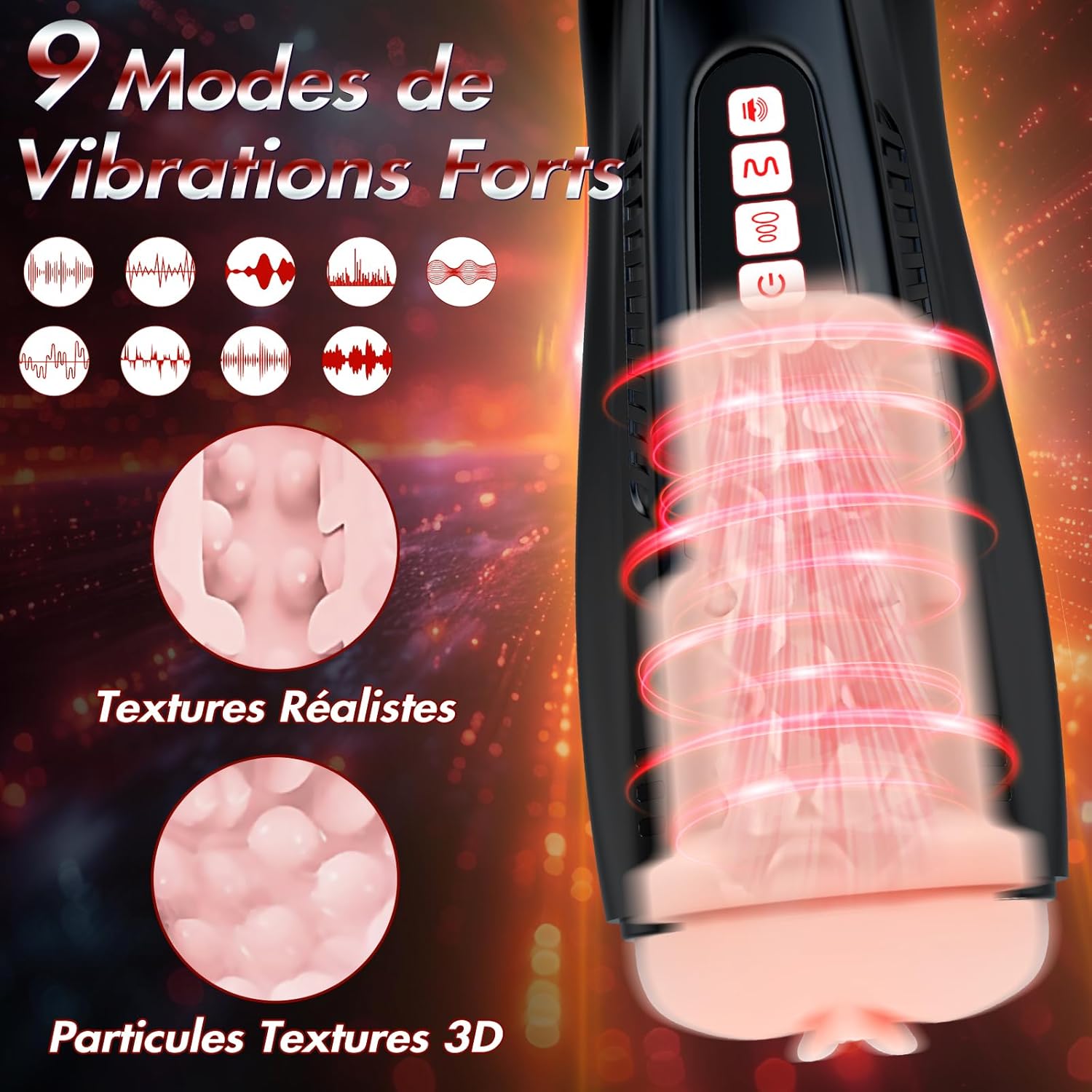 Écran LED du masturbateur affichant le mode de vibration et succion actif