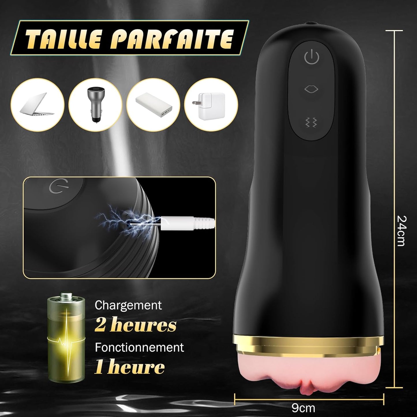 Schéma des dimensions du masturbateur électrique avec longueur et diamètre