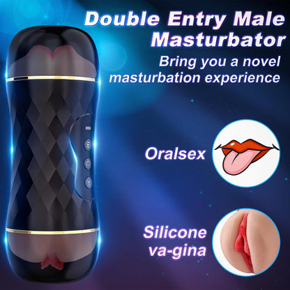 Masturbateur automatique double entrée avec deux tunnels distincts pour stimulation vaginale et orale réaliste