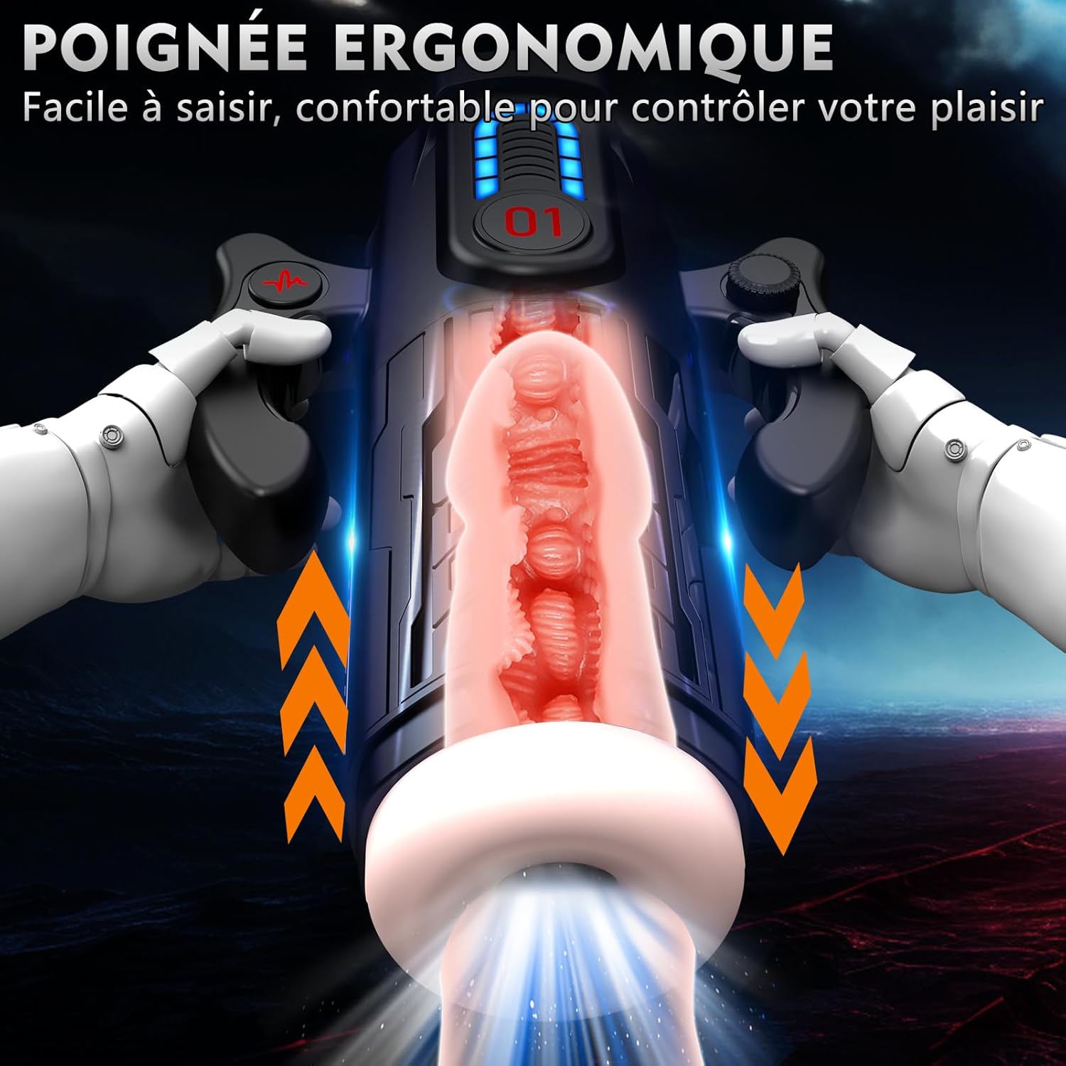 Vue de face du masturbateur électrique homme avec écran LED et boutons de contrôle intégrés aux poignées