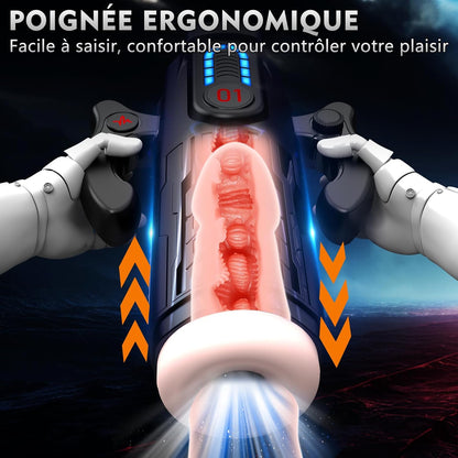 Vue de face du masturbateur électrique homme avec écran LED et boutons de contrôle intégrés aux poignées