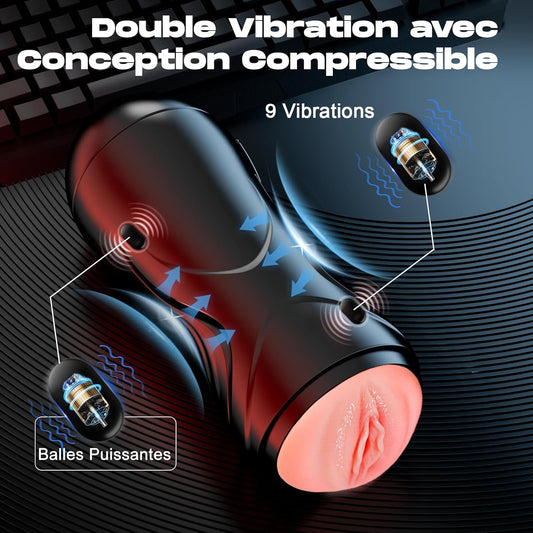 Jouet sexuel homme avec double canal de vibration présenté en angle oblique sur fond neutre