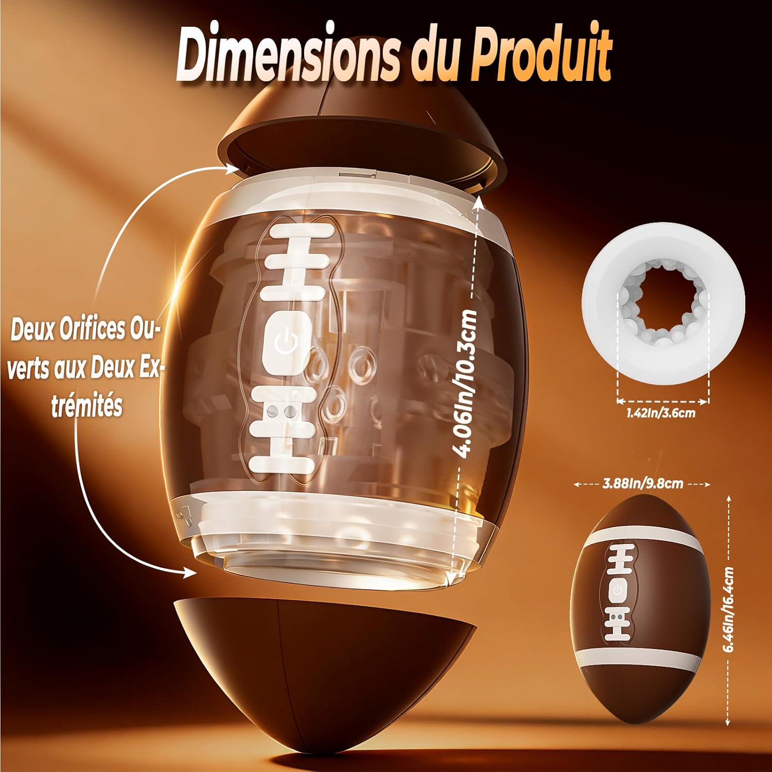 Dimensions du masturbateur homme automatique ballon de rugby compact et facile à ranger