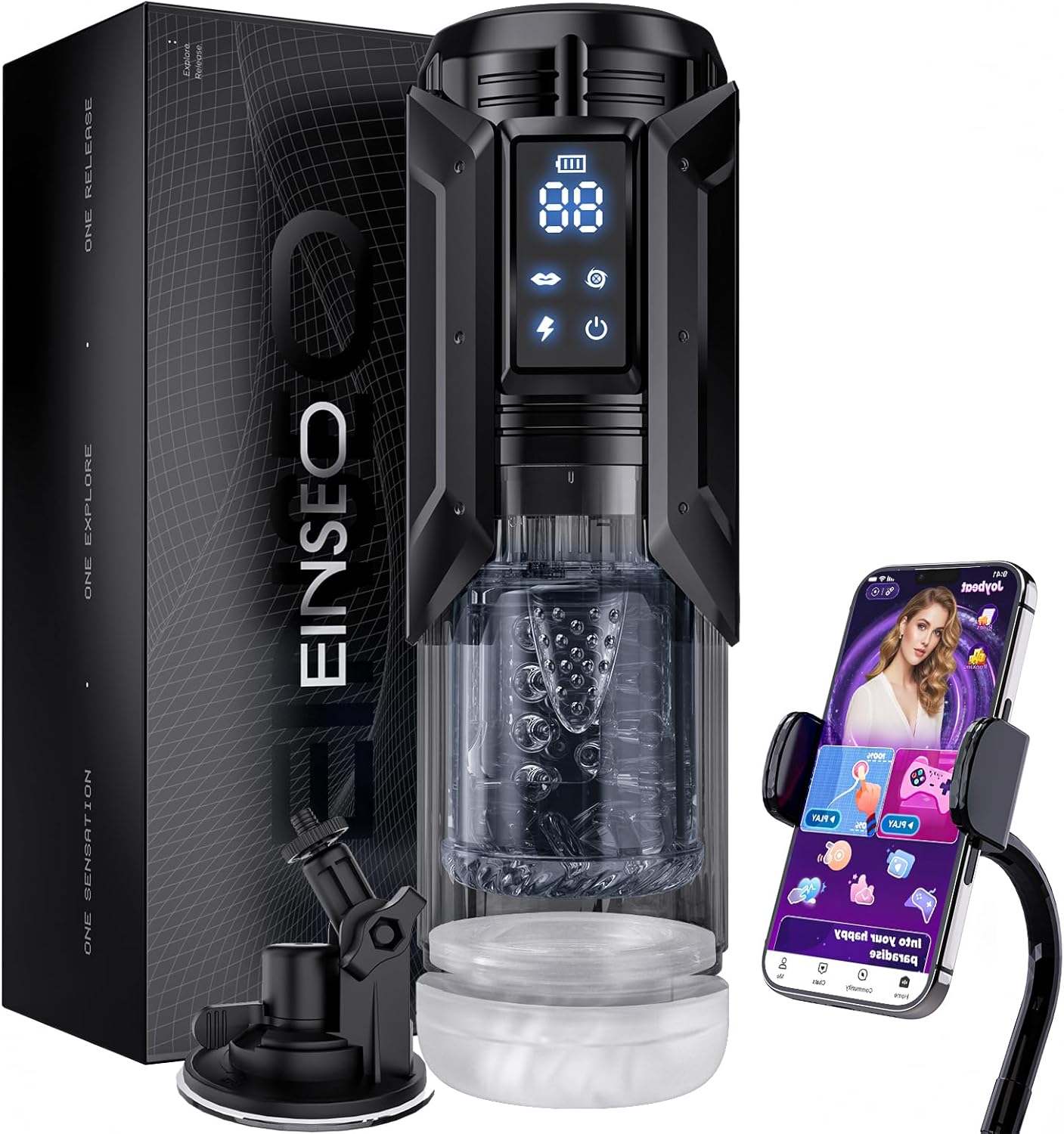 Masturbateur automatique noir et transparent vu de face sur fond neutre