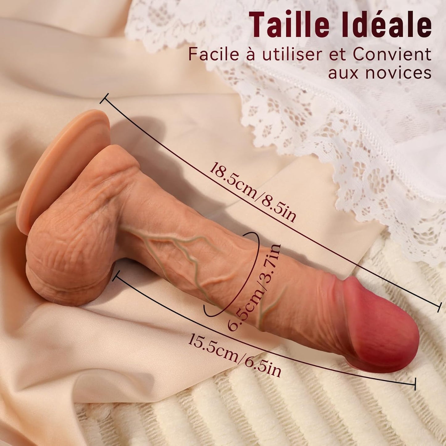 Dimensions gode réaliste silicone 18 cm longueur 3,2 cm diamètre comparaison règle