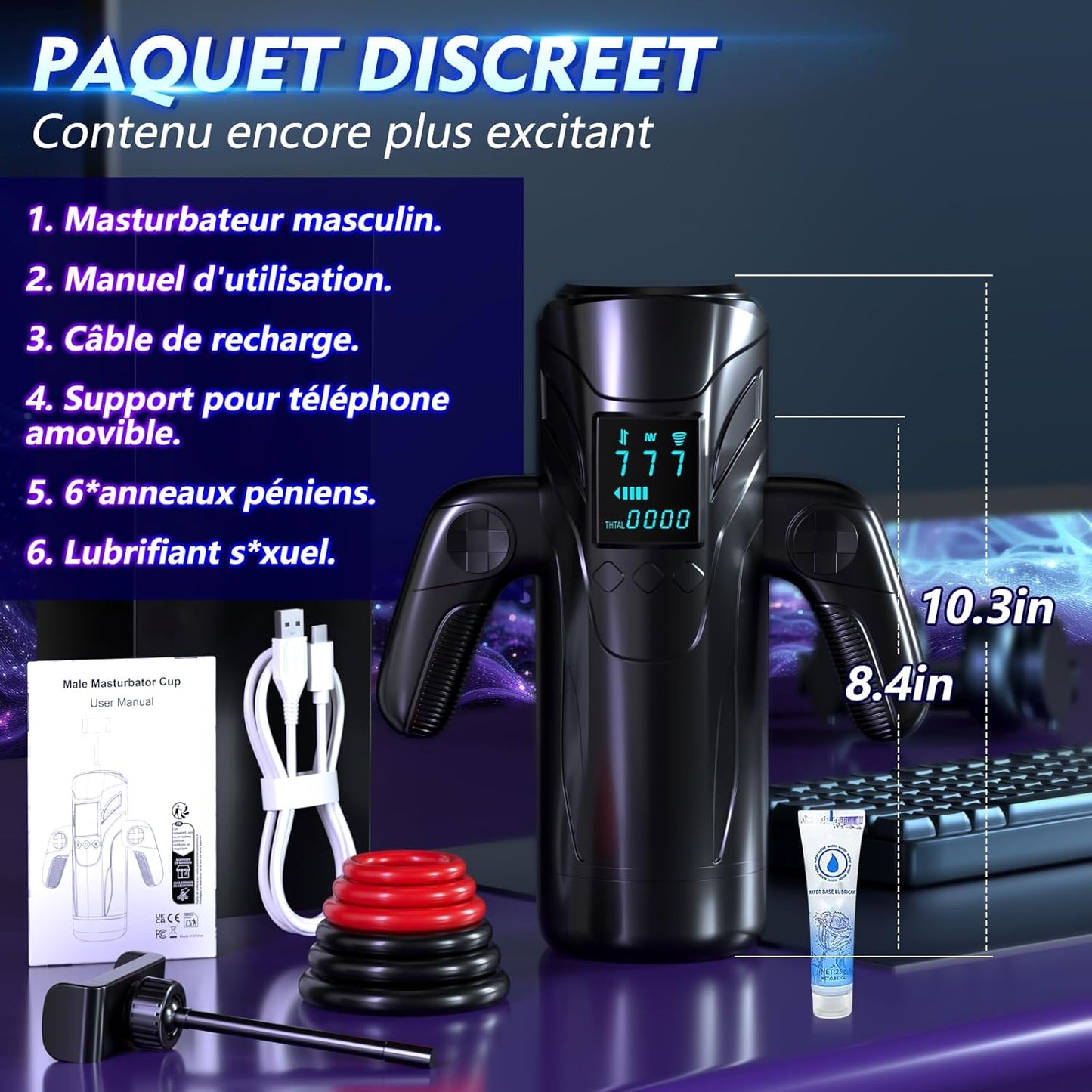 Dimensions du masturbateur automatique gaming mains libres avec hauteur largeur et format ergonomique