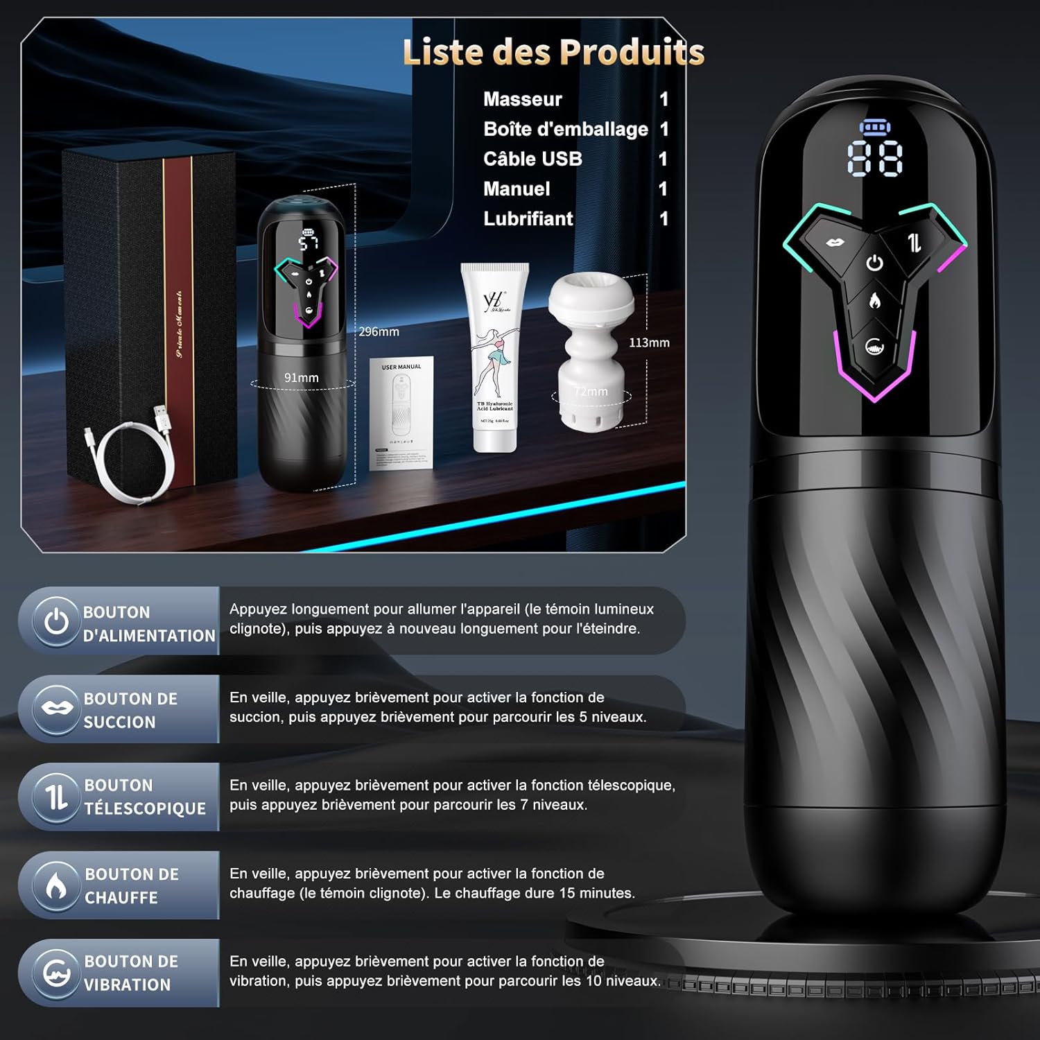 Dimensions du masturbateur automatique IA Masculin Plaisir avec profondeur interne insérable de 12 cm