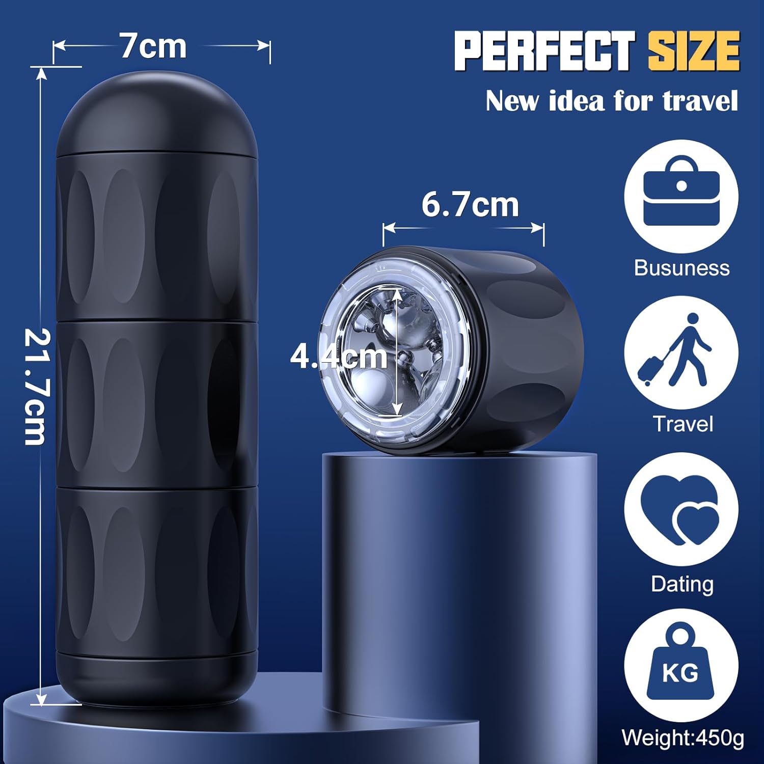 Masturbateur masculin avec dimensions 6,7 cm par embout 13,3 cm ou 20,1 cm assemblé