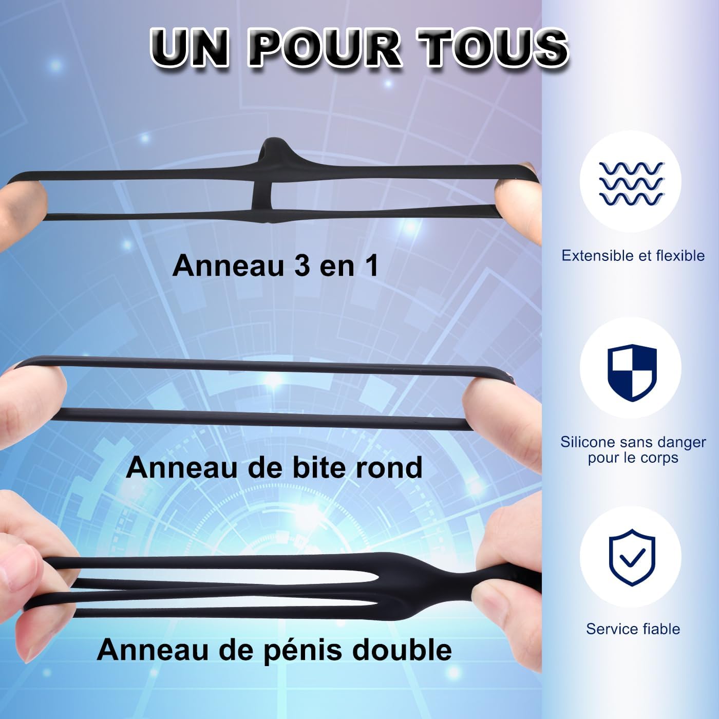 Anneau pénien en silicone tenu dans la main pour visualiser sa taille