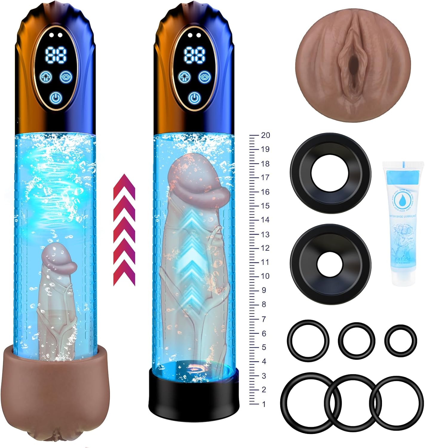 Pompe à pénis électrique et l'ensemble de ses accessoires anneaux et manchons silicone