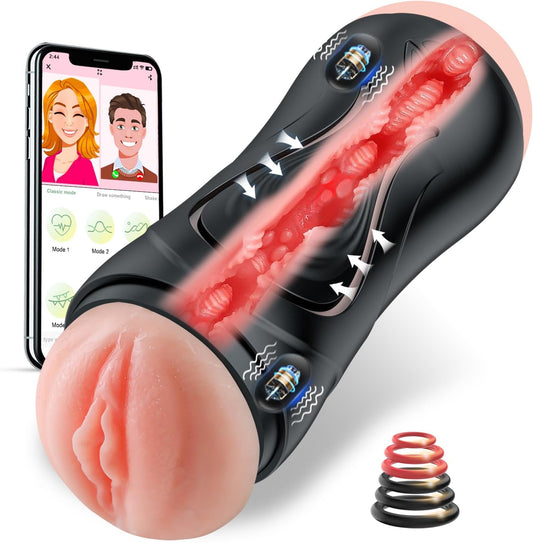 Sextoy homme avec contrôle app vue trois quarts et ses 6 anneaux péniens