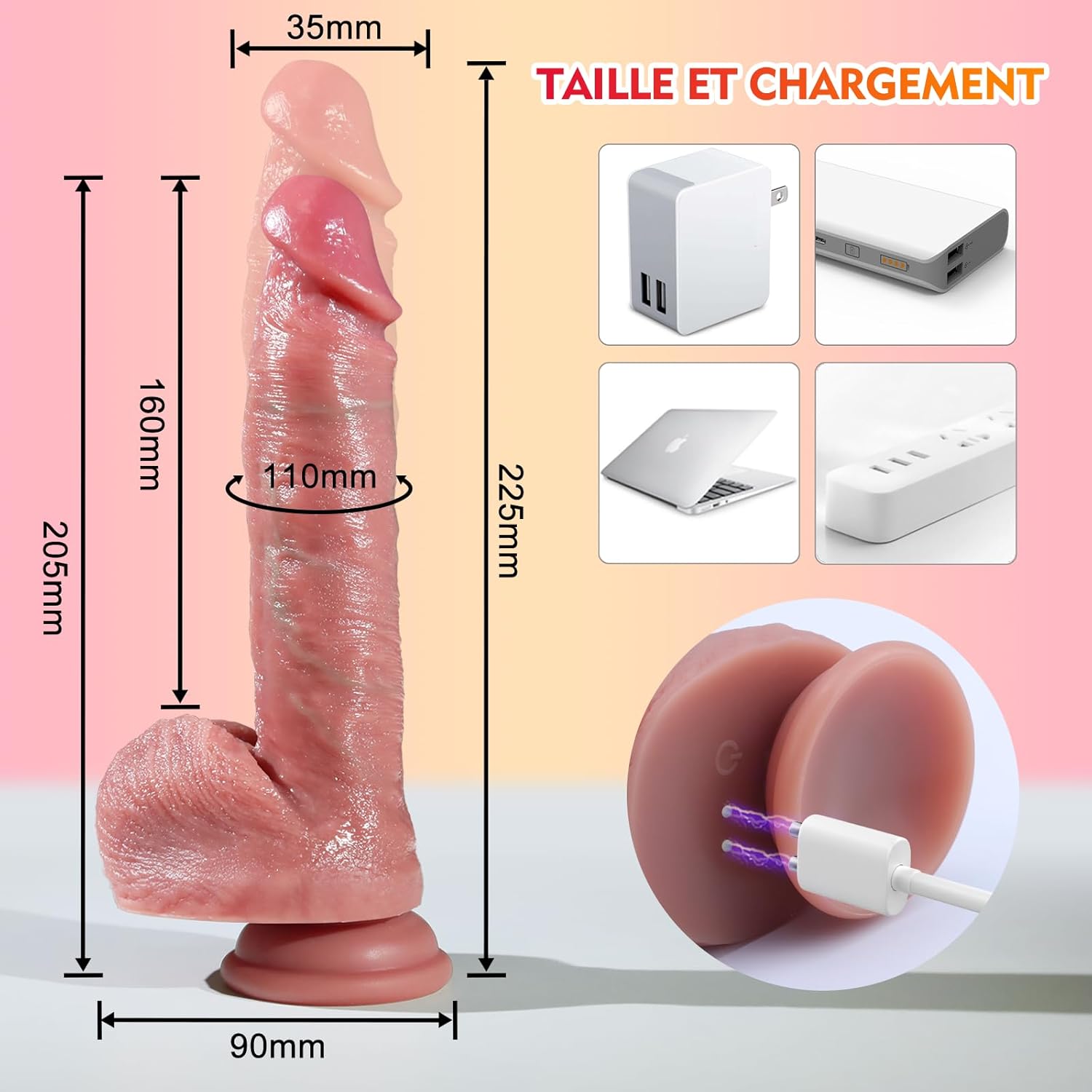 Gode vibrant réaliste XXL avec mesures indiquant 225 mm de longueur de pénétration