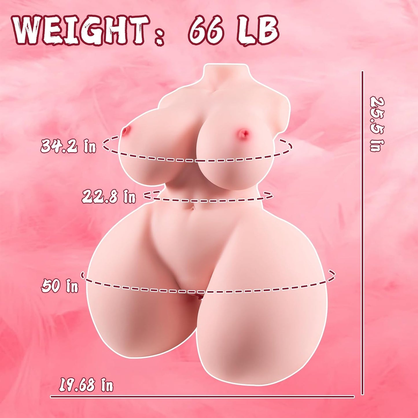 Dimensions de la poupée sexuelle buste 127 cm de hauteur, 30 kg et tour de hanches 127 cm