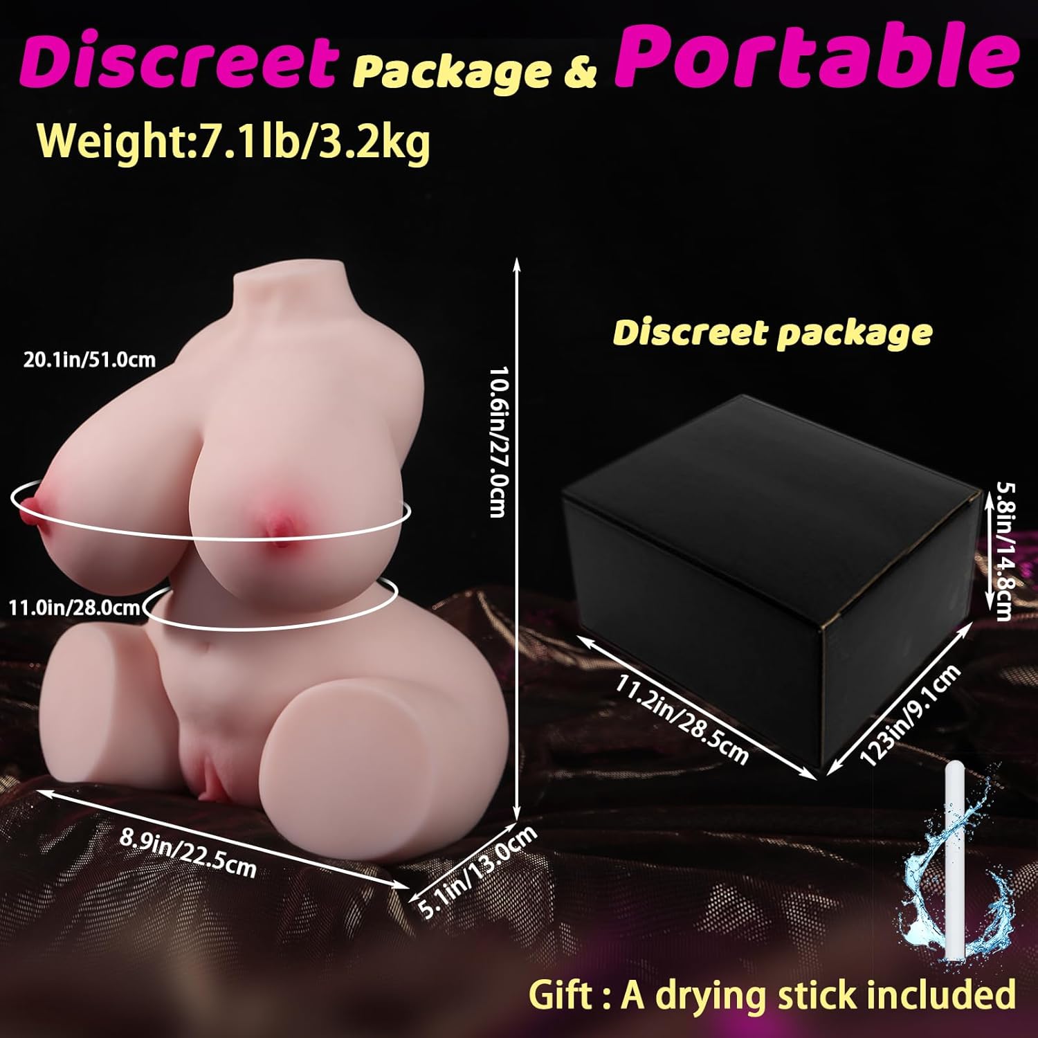 Dimensions du buste masturbateur réaliste 36 x 21 x 11 cm pour 3,2 kg

