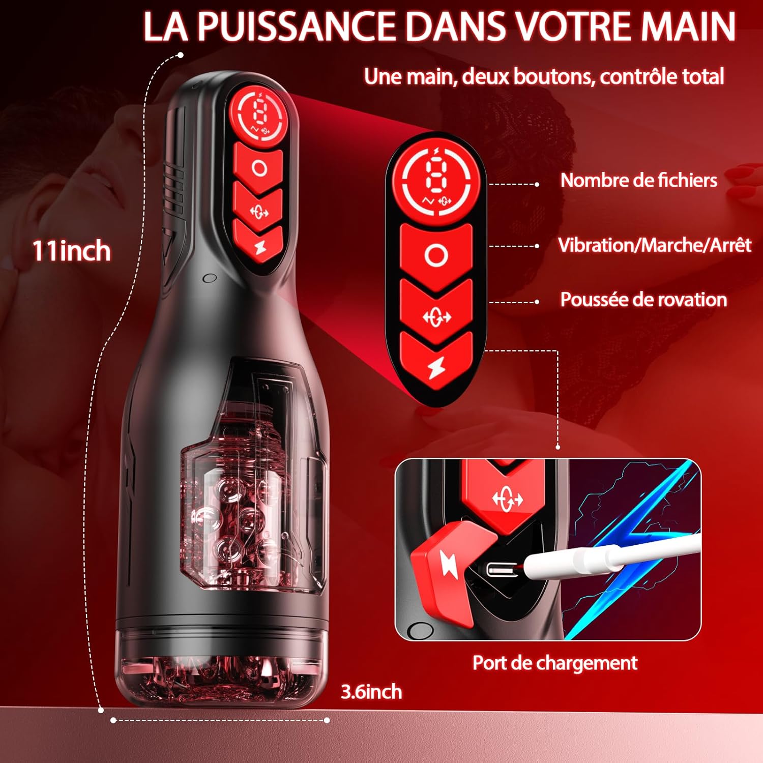 Dimensions du masturbateur effet fellation tourbillonnant avec mesures hauteur et diamètre
