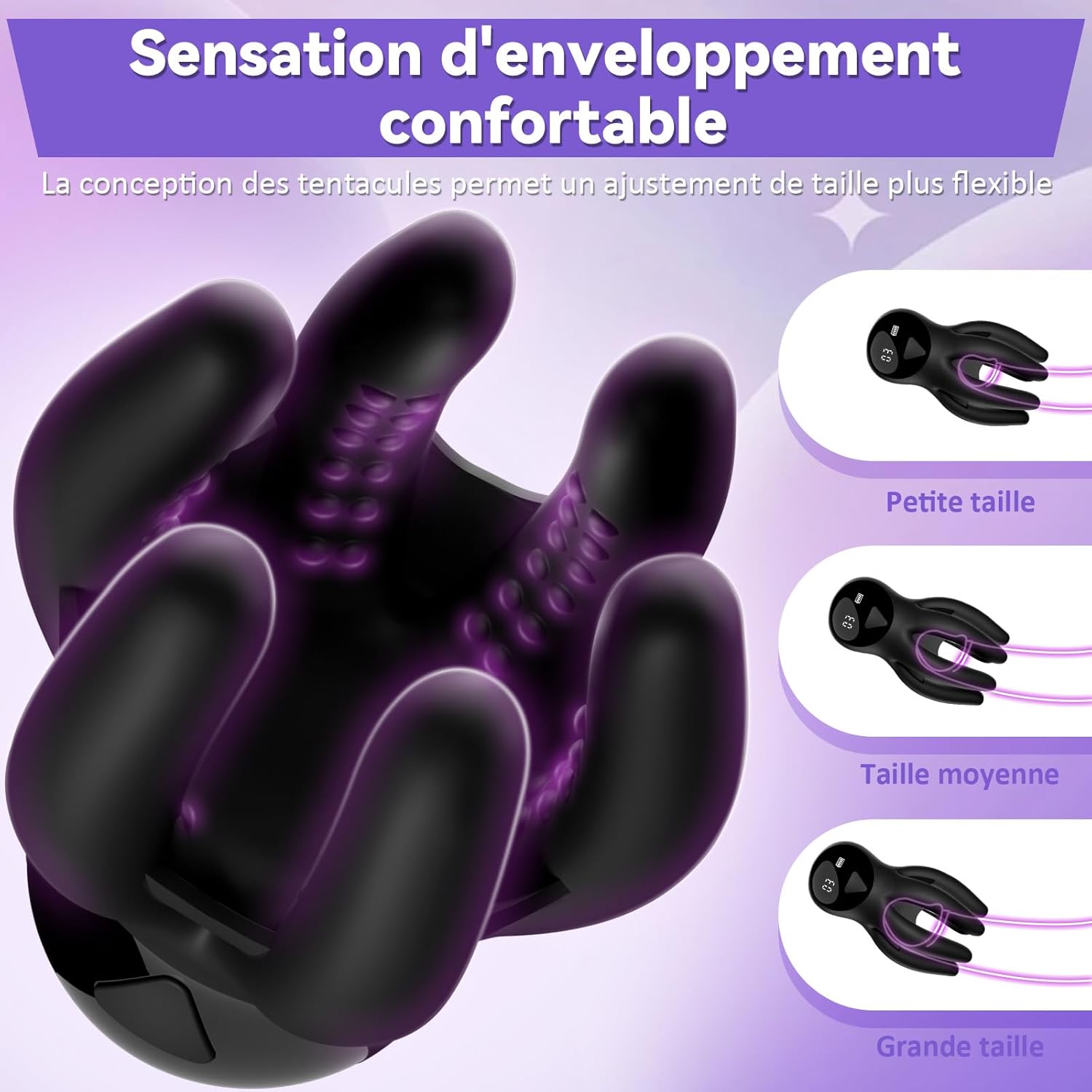 Anneau vibrant pieuvre avec stimulation 360° du gland et testicules en silicone souple, tentacules flexibles qui enveloppent le pénis pour une friction intense