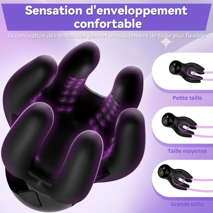 Anneau vibrant pieuvre avec stimulation 360° du gland et testicules en silicone souple, tentacules flexibles qui enveloppent le pénis pour une friction intense