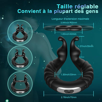 Schéma des dimensions du cockring vibrant en silicone noir avec mesures