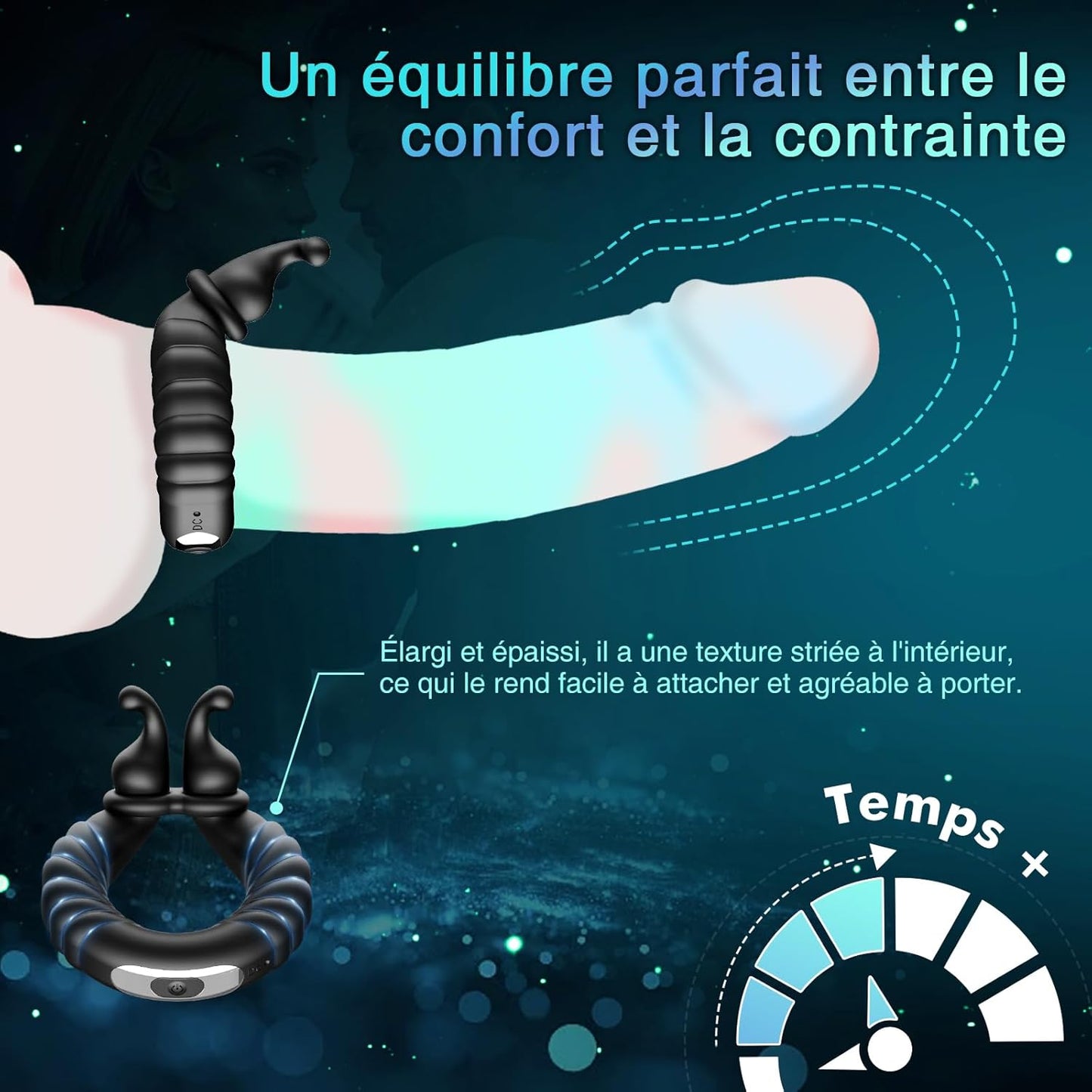 Anneau pénien vibrant en silicone doux extensible toutes tailles