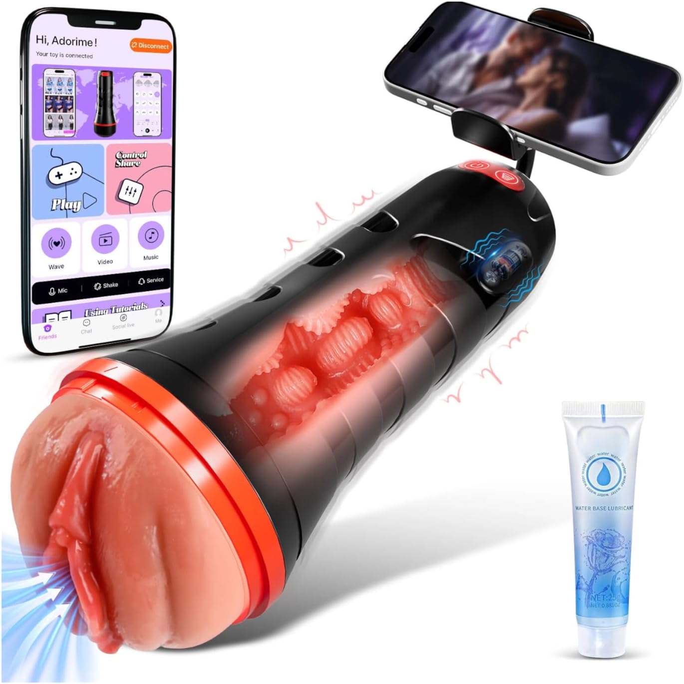 Masturbateur mains libres avec support smartphone rotatif 360 degrés vue de face
