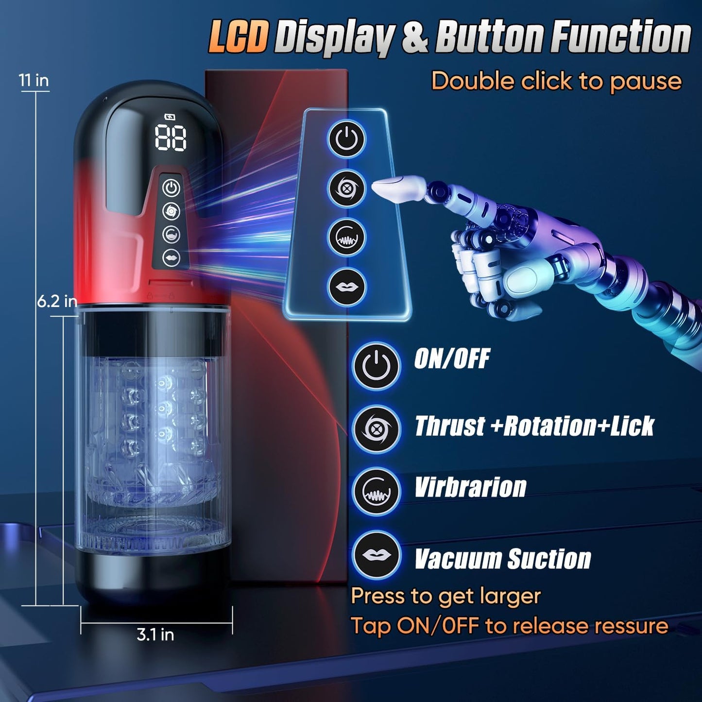 dimensions de la vaginette homme avec succion rotation et vibration format compact et ergonomique