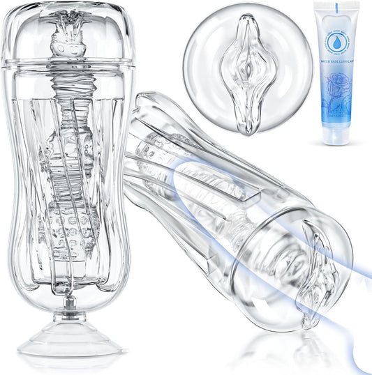 Masturbateur transparent à ventouse vue d'ensemble packaging discret

