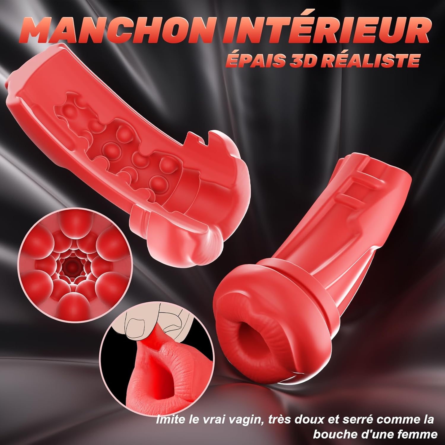Vue rapprochée de la gaine intérieure TPE texturée 3D du masturbateur chauffant