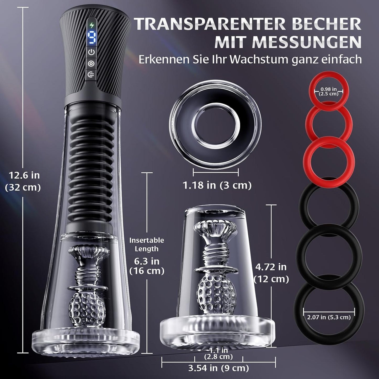 Dimensions du masturbateur automatique homme 4-en-1 avec coupe transparente de 22 cm, ressort extensible de 11 cm et manchons TPE interchangeables