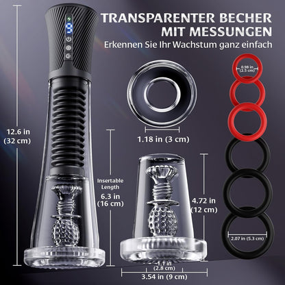 Dimensions du masturbateur automatique homme 4-en-1 avec coupe transparente de 22 cm, ressort extensible de 11 cm et manchons TPE interchangeables