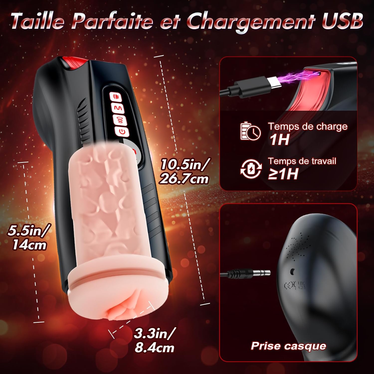 Dimensions et taille du masturbateur vibrant à succion avec échelle comparative