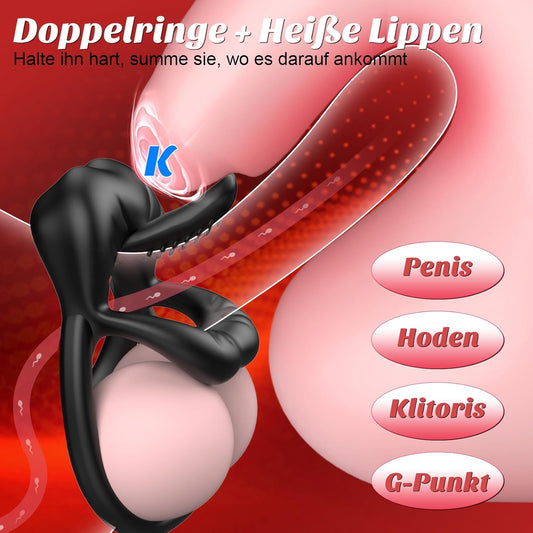 Anneau pénien vibrant double avec languette flexible orientable en silicone noir