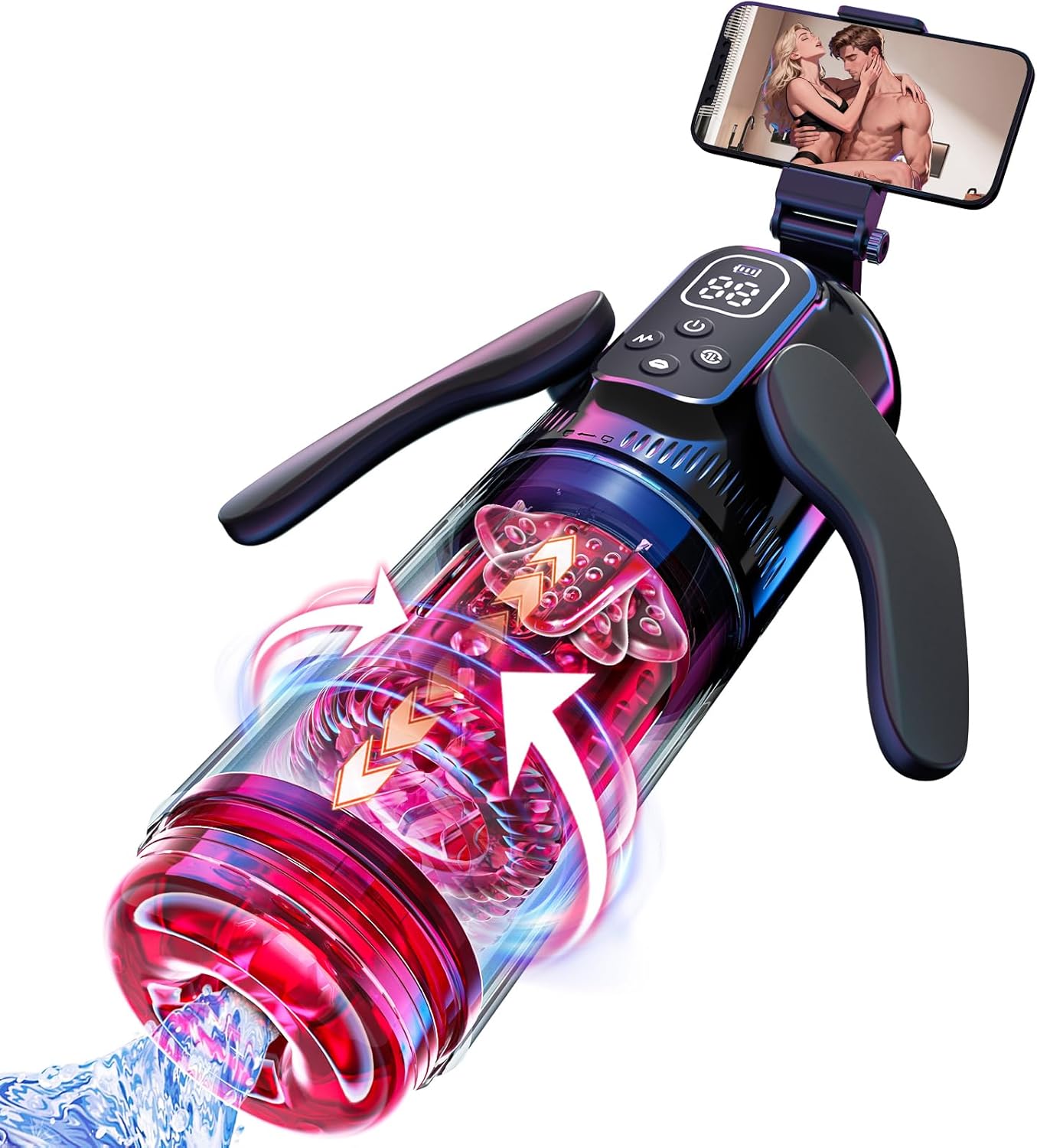 Masturbateur automatique homme en angle 3/4 montrant la coque transparente et la poignée ergonomique