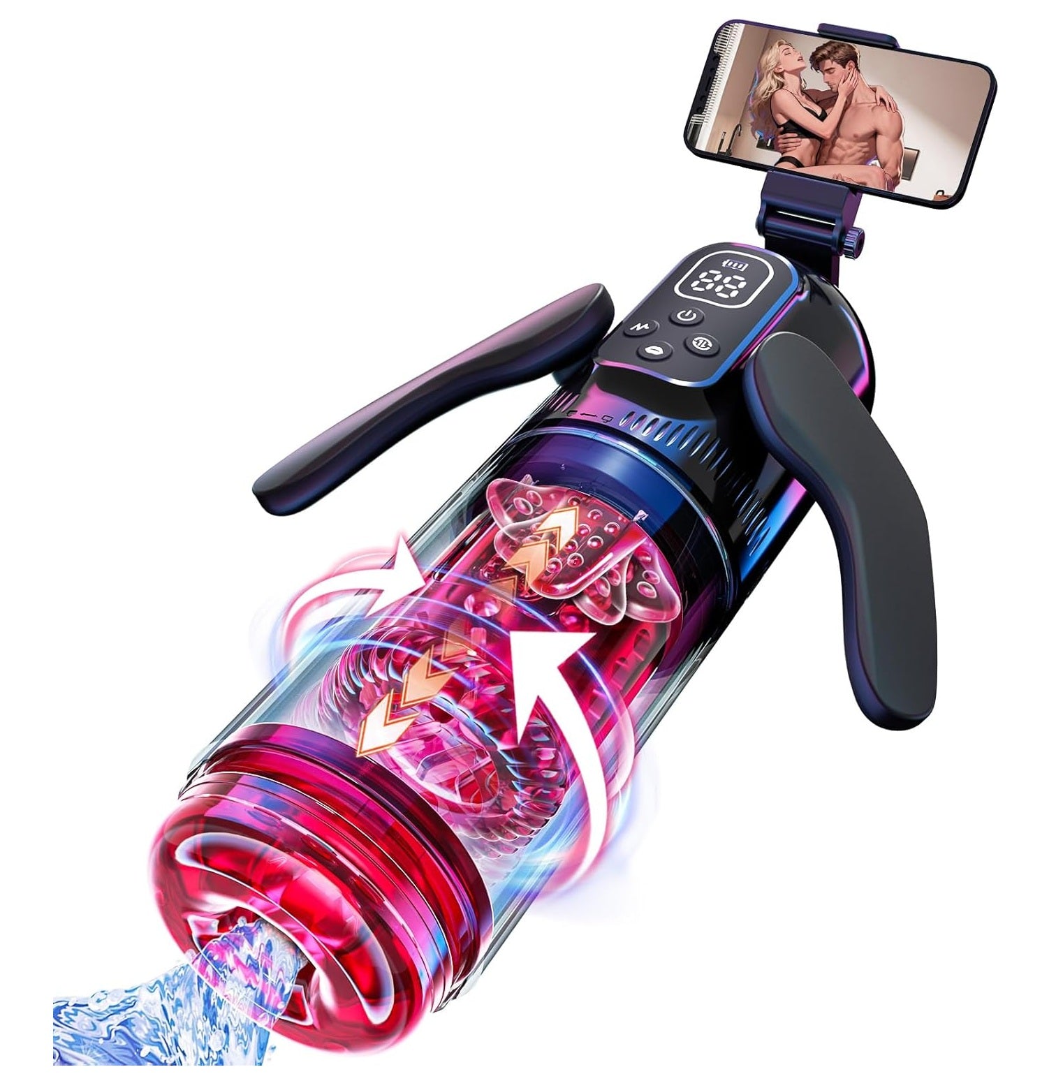Masturbateur automatique homme en angle 3/4 montrant la coque transparente et la poignée ergonomique