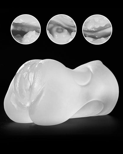 Canal interne texturé du masturbateur transparent avec picots et reliefs stimulants
