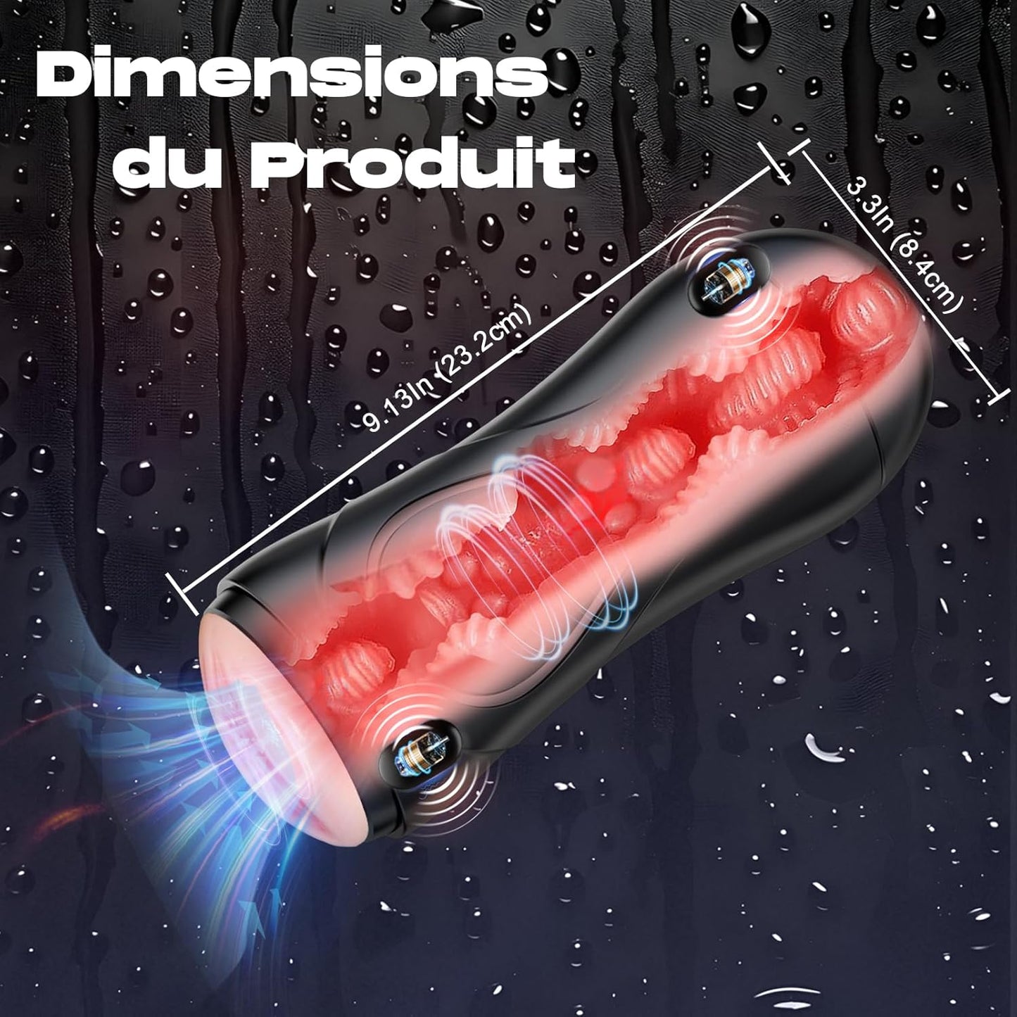 Photo des dimensions du masturbateur homme vibrant indiquant format 24,7 x 9,7 x 9,7 cm