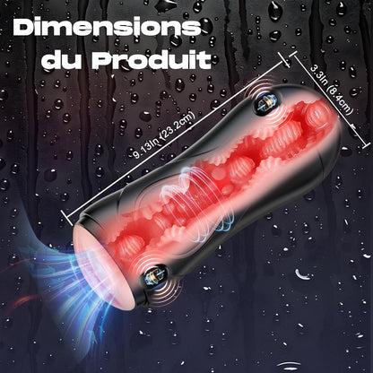 Photo des dimensions du masturbateur homme vibrant indiquant format 24,7 x 9,7 x 9,7 cm