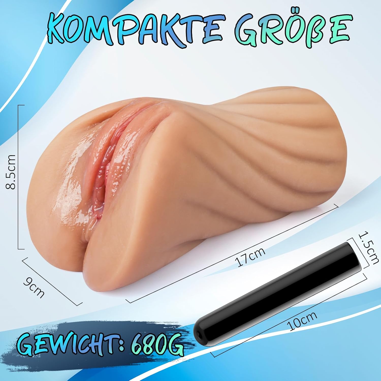 Dimensions de la vaginette homme 680 g avec taille 17 x 9 x 8,5 cm et tunnels insérables réalistes