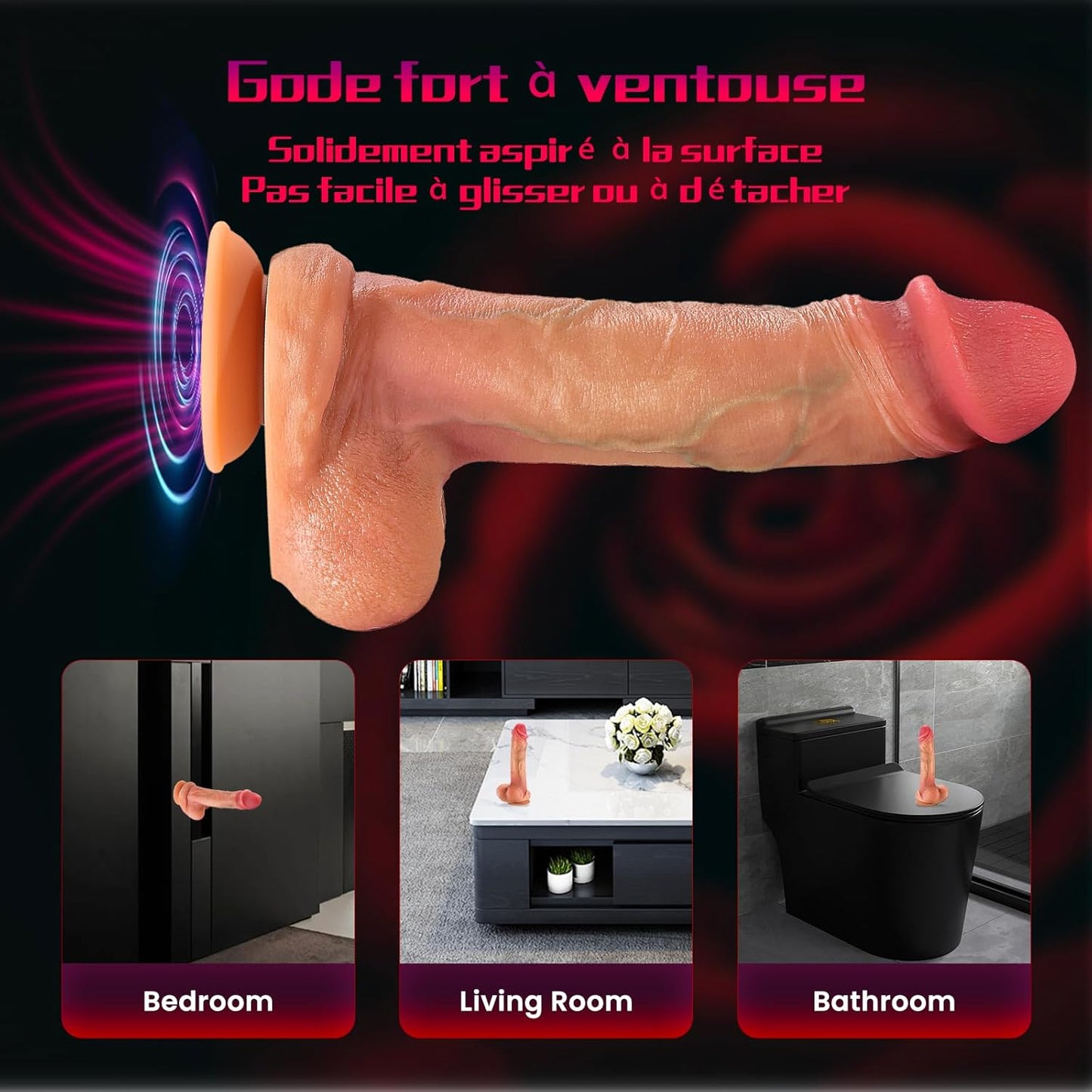 Gode réaliste à ventouse puissante fixé sur surface lisse mains libres