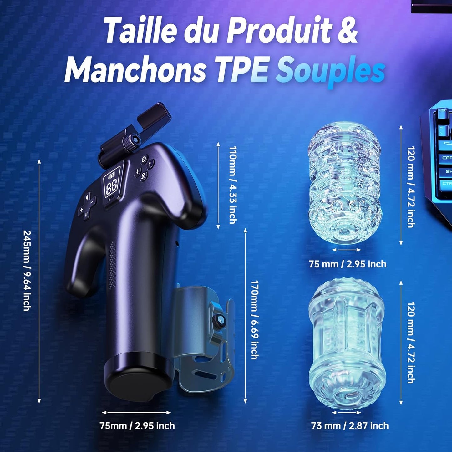 Dimensions d'un masturbateur automatique avec amplitude de poussée de 10 cm

