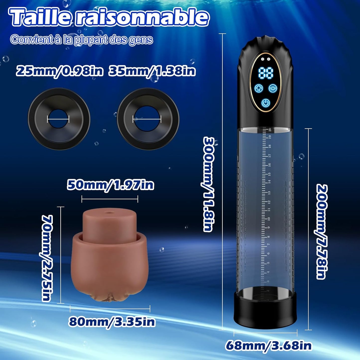 Dimensions de la pompe à pénis électrique : 20 cm de longueur et 9,3 cm de largeur