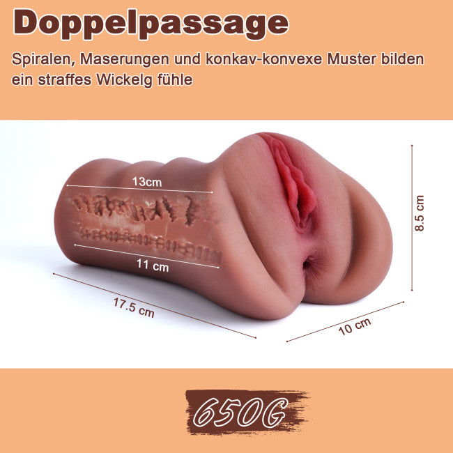 Dimensions de la vaginette réaliste marron pour homme double pénétration avec format compact et pratique