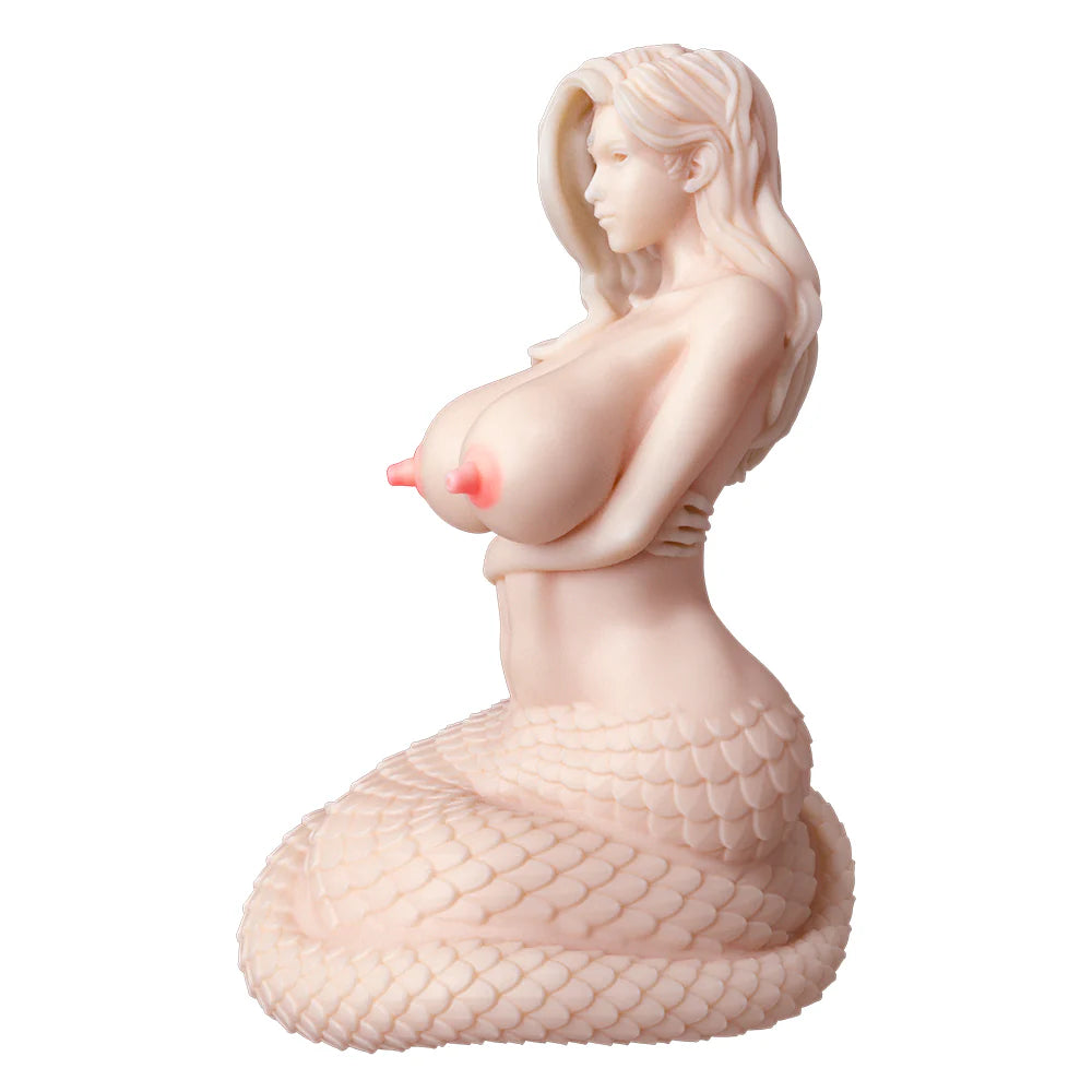 Poupée fantasy Lamia en silicone vue de profil avec sa queue de serpent ondulante

