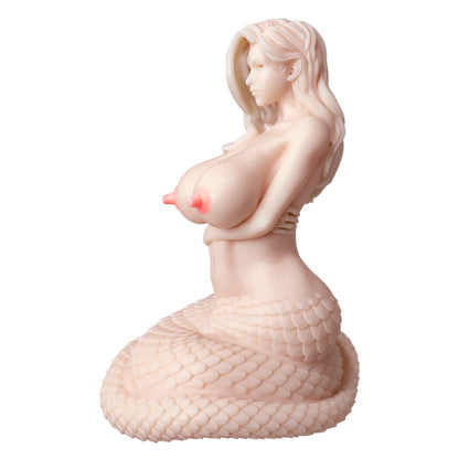 Poupée fantasy Lamia en silicone vue de profil avec sa queue de serpent ondulante

