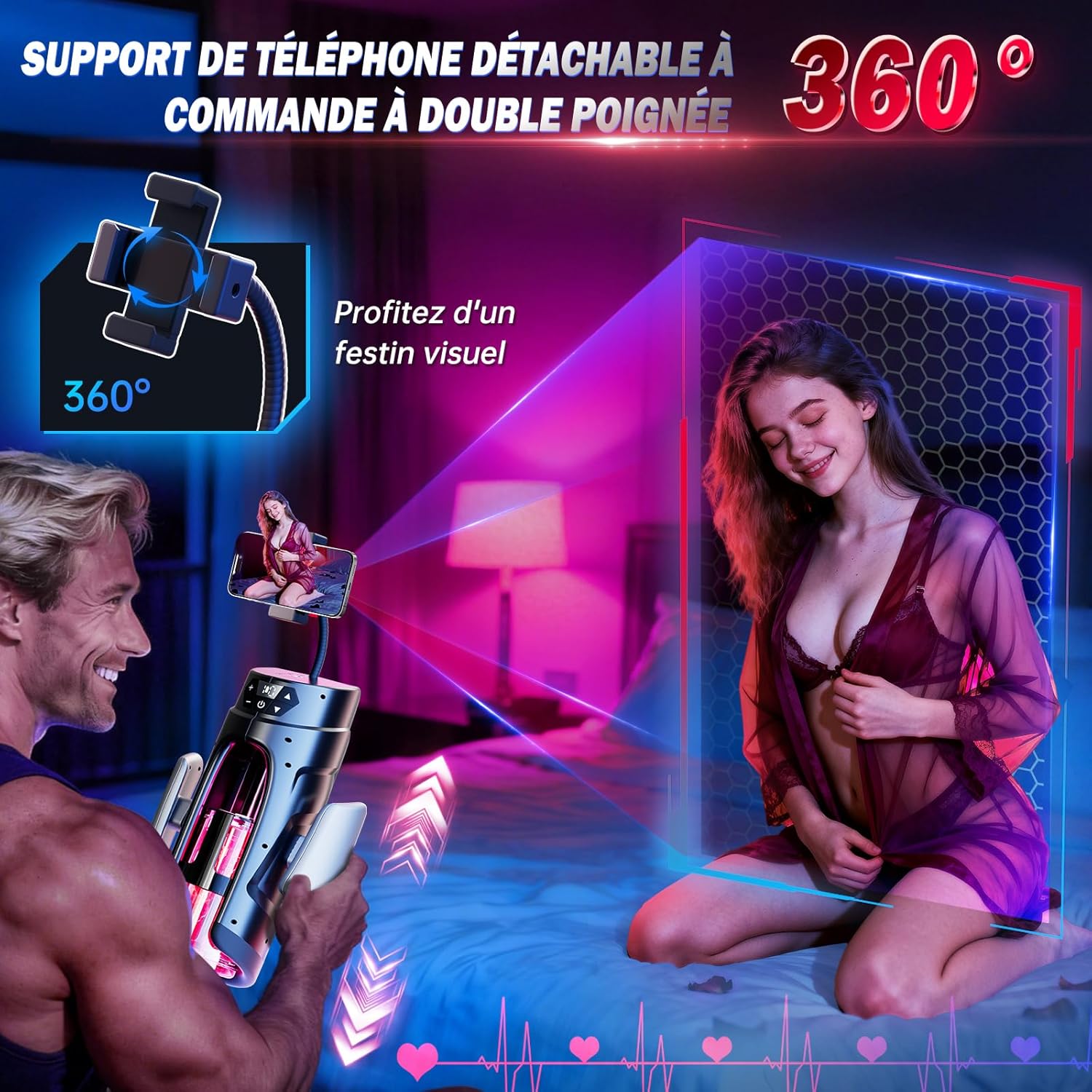 Masturbateur automatique homme avec support téléphone rotatif 360° pour utilisation mains libres et immersion visuelle totale